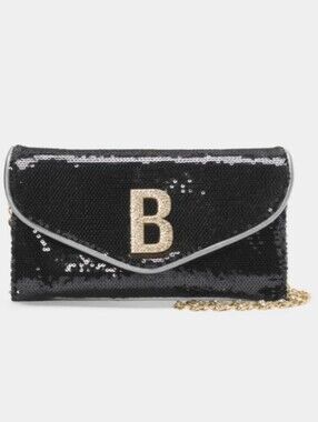 Bebe Miro Sequin Clutch Crossbody Bag in Black, Gold Rhinestone 'B' & Chain NWT